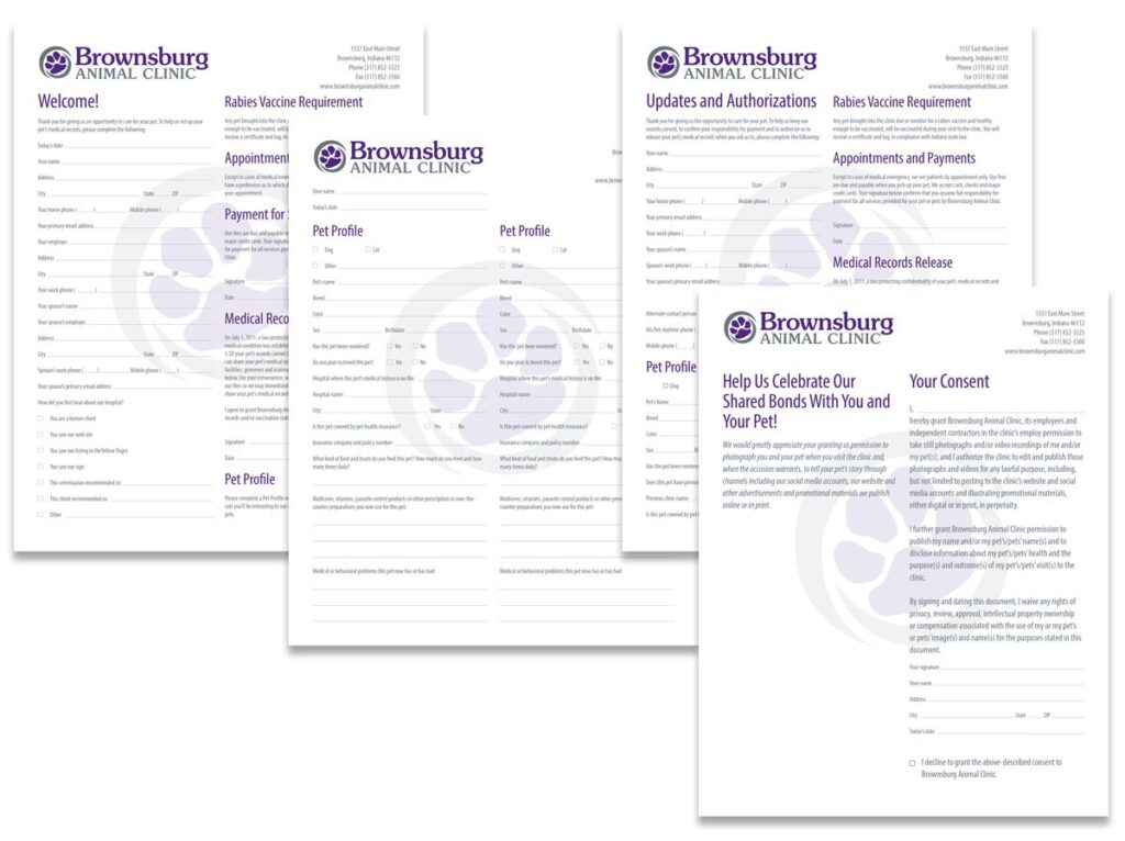 Brownsburg Animal Clinic 'Welcome,' 'Pet Profile,' 'Updates and Authorizations' and 'Help Us Celebrate Our Shared Bonds With You and Your Pet' publicity consent form