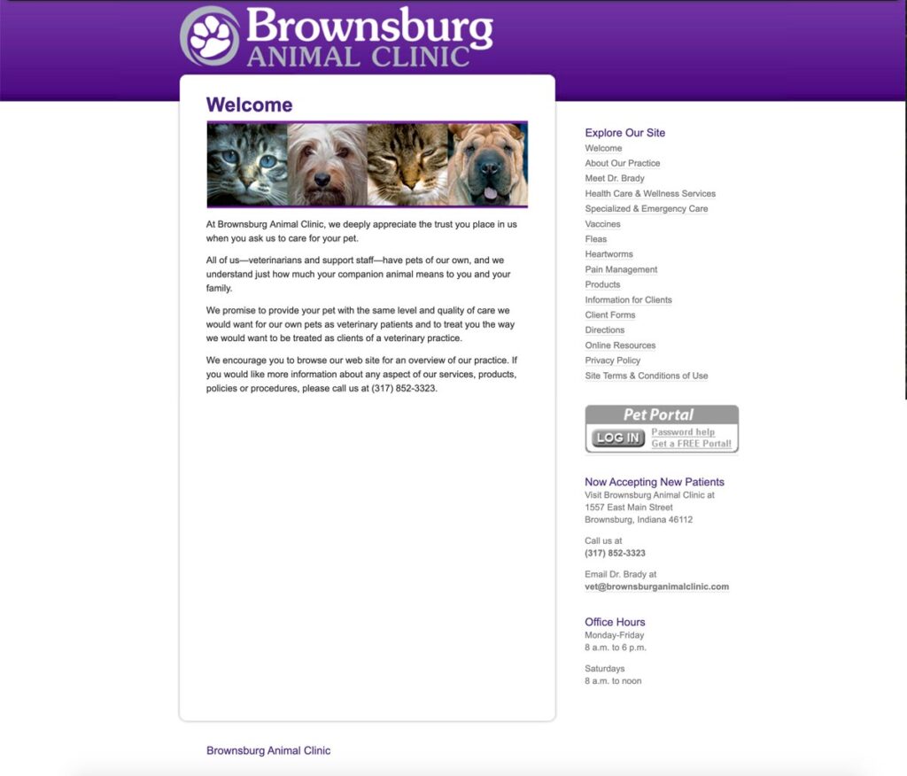 Brownsburg Animal Clinic home page as it appeared in April 2010