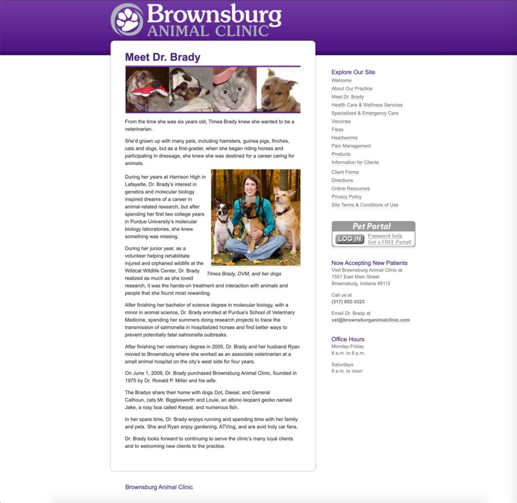 Brownsburg Animal Clinic 'Meet Dr. Brady' page as it appeared in April 2010