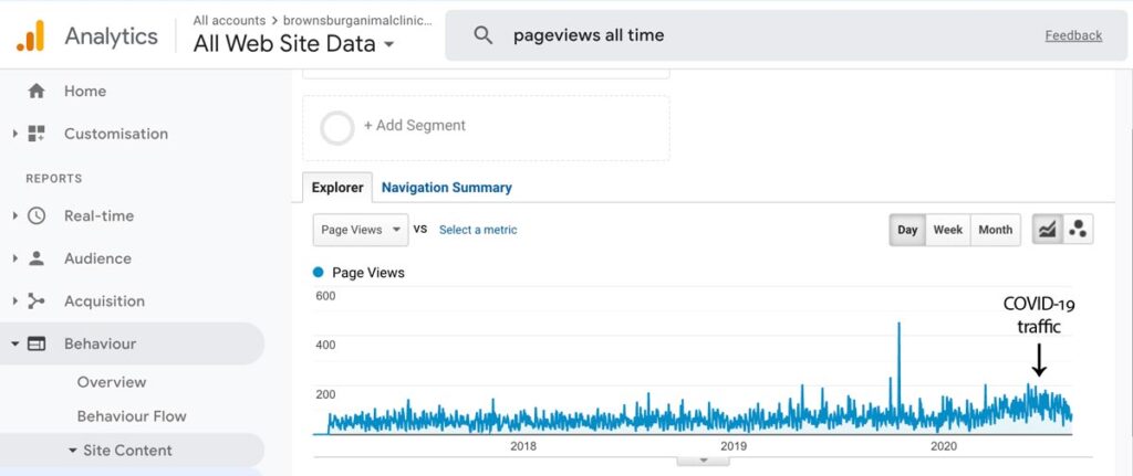 Brownsburg Animal Clinic Google Analytics report showing rise in traffic related to COVID-19 posts