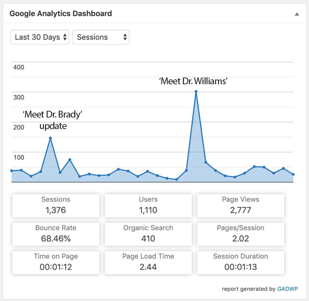 Brownsburg Animal Clinic Google Analytics traffic comparison of 'Meet Dr. Brady' update and 'Meet Dr. Williams' page publication