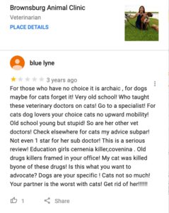 Brownsburg Animal Clinic screen shot of one-star Google review