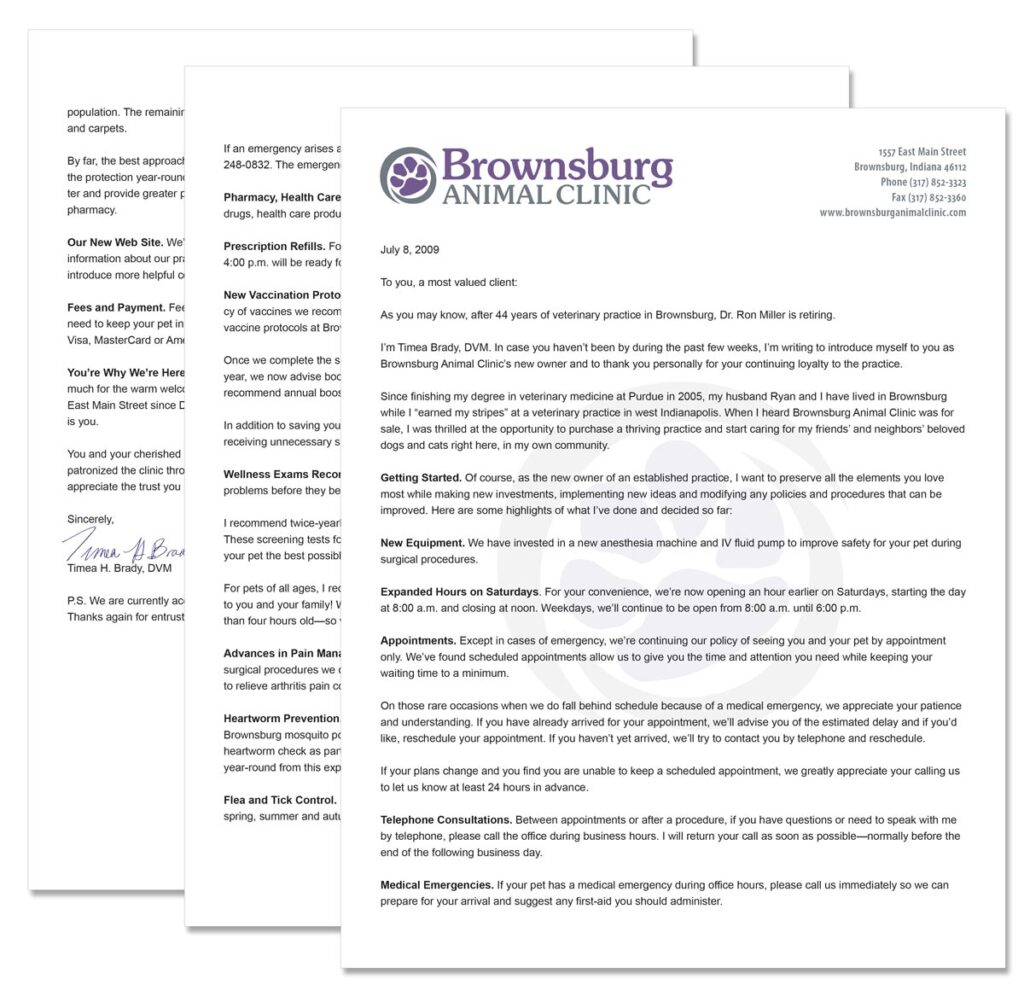 Brownsburg Animal Clinic 3-page letter introducing Dr. Brady as the clinic's new owner