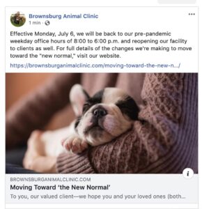 Brownsburg Animal Clinic Facebook post linking to "Moving Toward the 'New Normal'" blog post