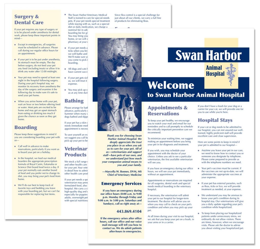 "Welcome to Swan Harbor Animal Hospital" brochure