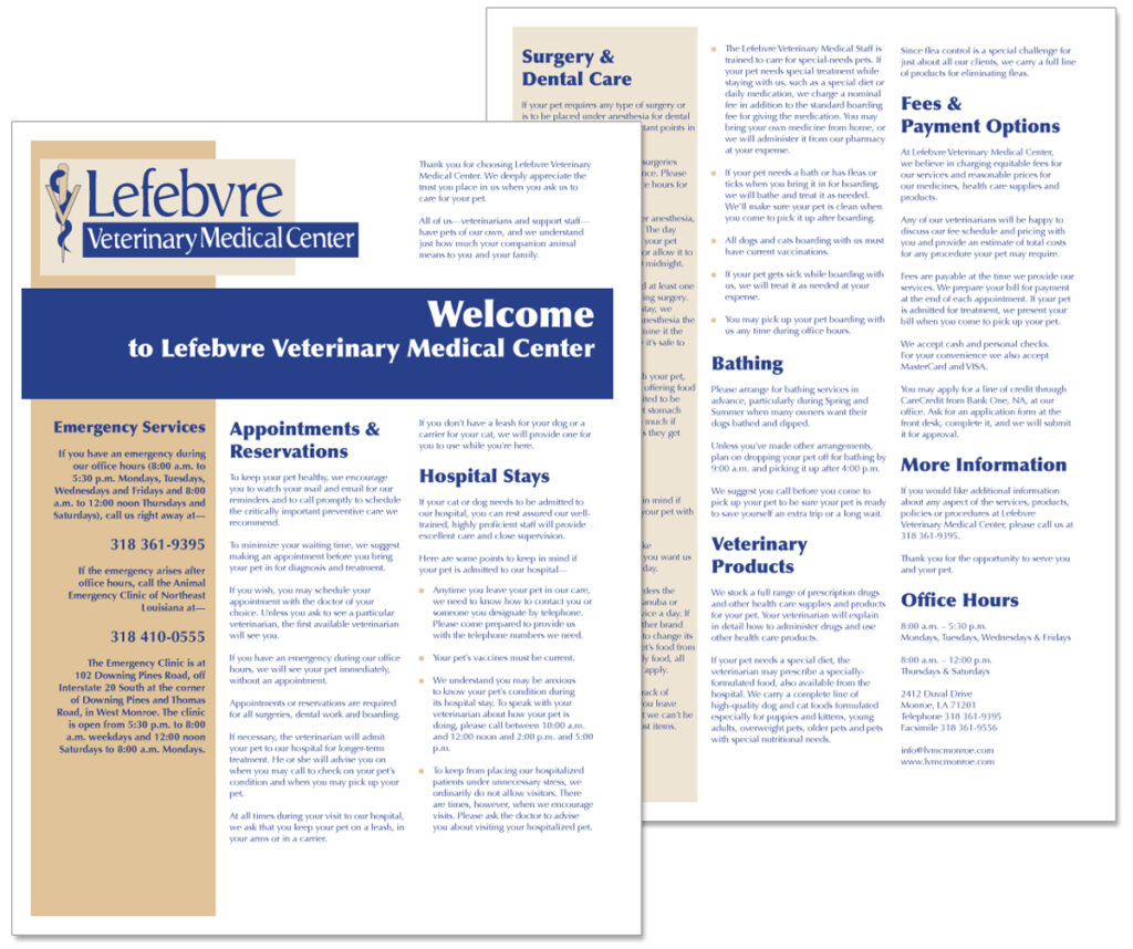 “Welcome to Lefebvre Veterinary Medical Center" brochure