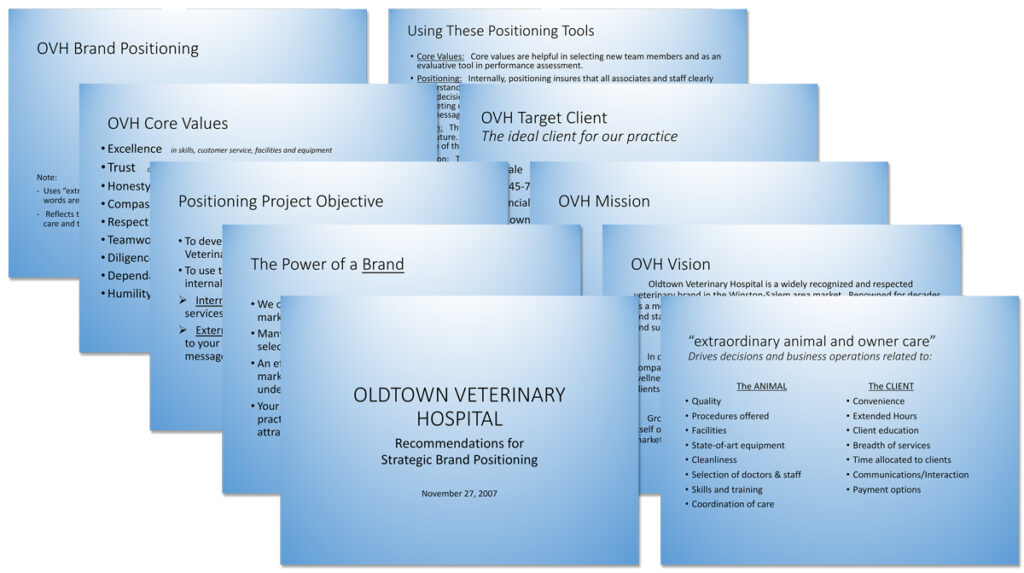 Oldtown Veterinary Hospital Slide deck presenting recommendations based on branding workshop